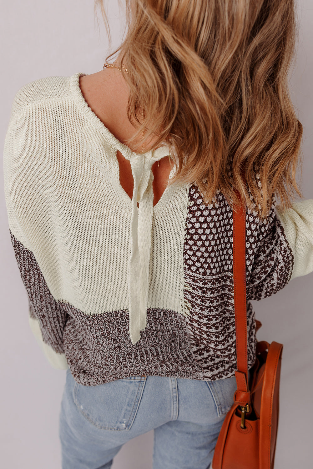 Colorblock Drop-Shoulder Back Tie Loose Knit Top