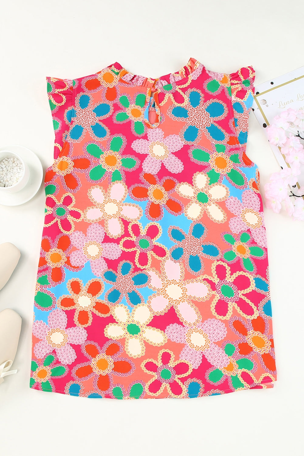 Tank Top for Women Floral-Print Print Ruffle-Trimmed Trim