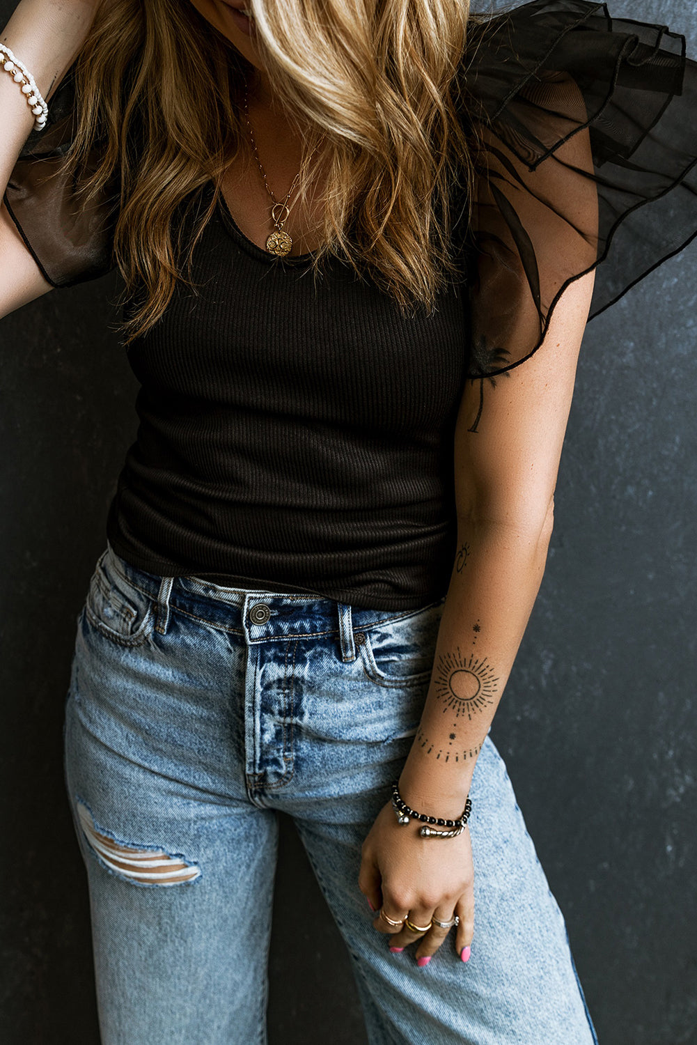 Women's Knit Top Featuring Rib-Knitted Mesh Flutter