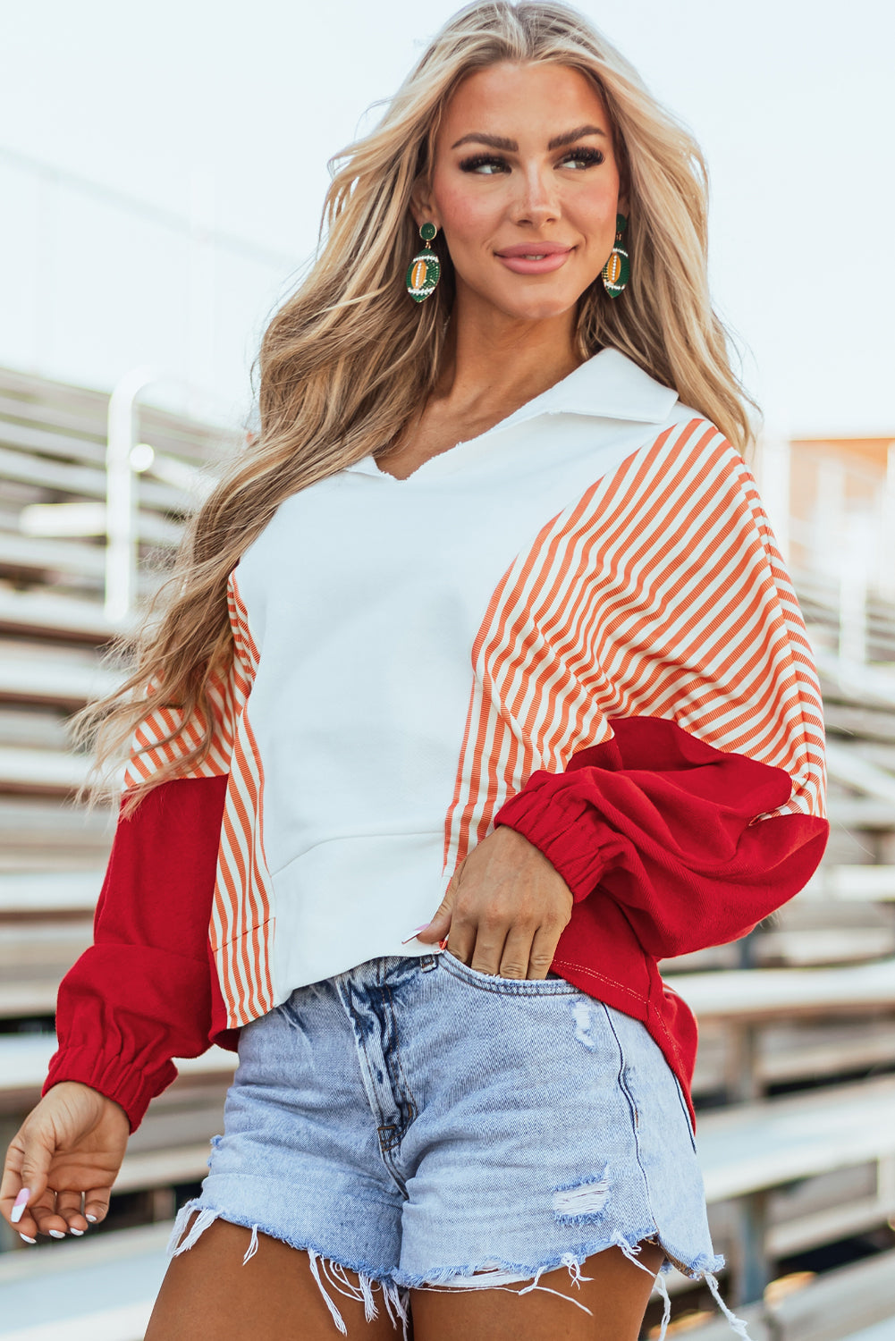 Striped Color Block Collared V Neck Oversized Sweatshirt