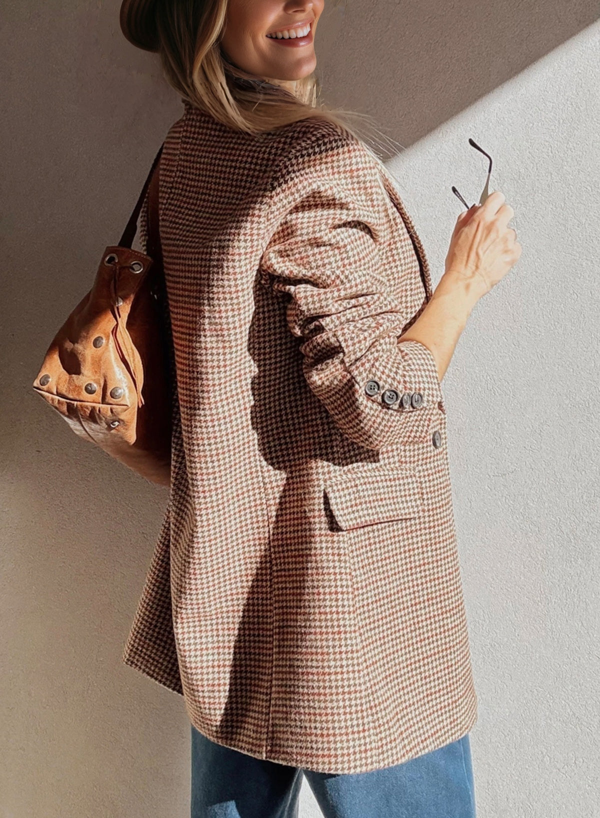 Houndstooth Lapel Collar Blazer in Brown