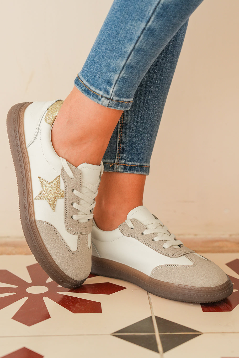 Shimmer Colorblock Star Patch Lace up Retro Flattie