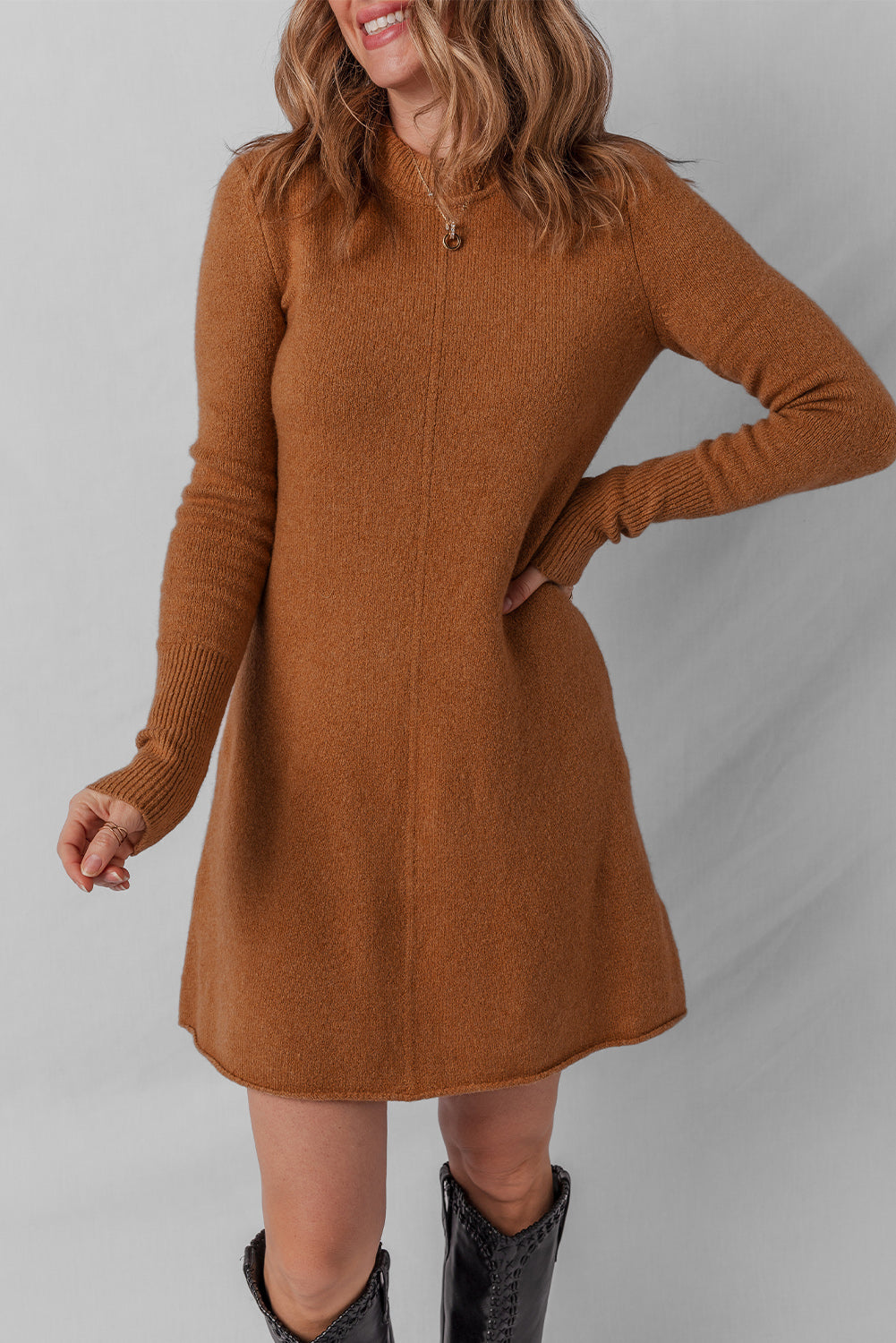 Yellow Rib-Knit Straw Rib-Knit Detail Solid Mini Knit Top Dress
