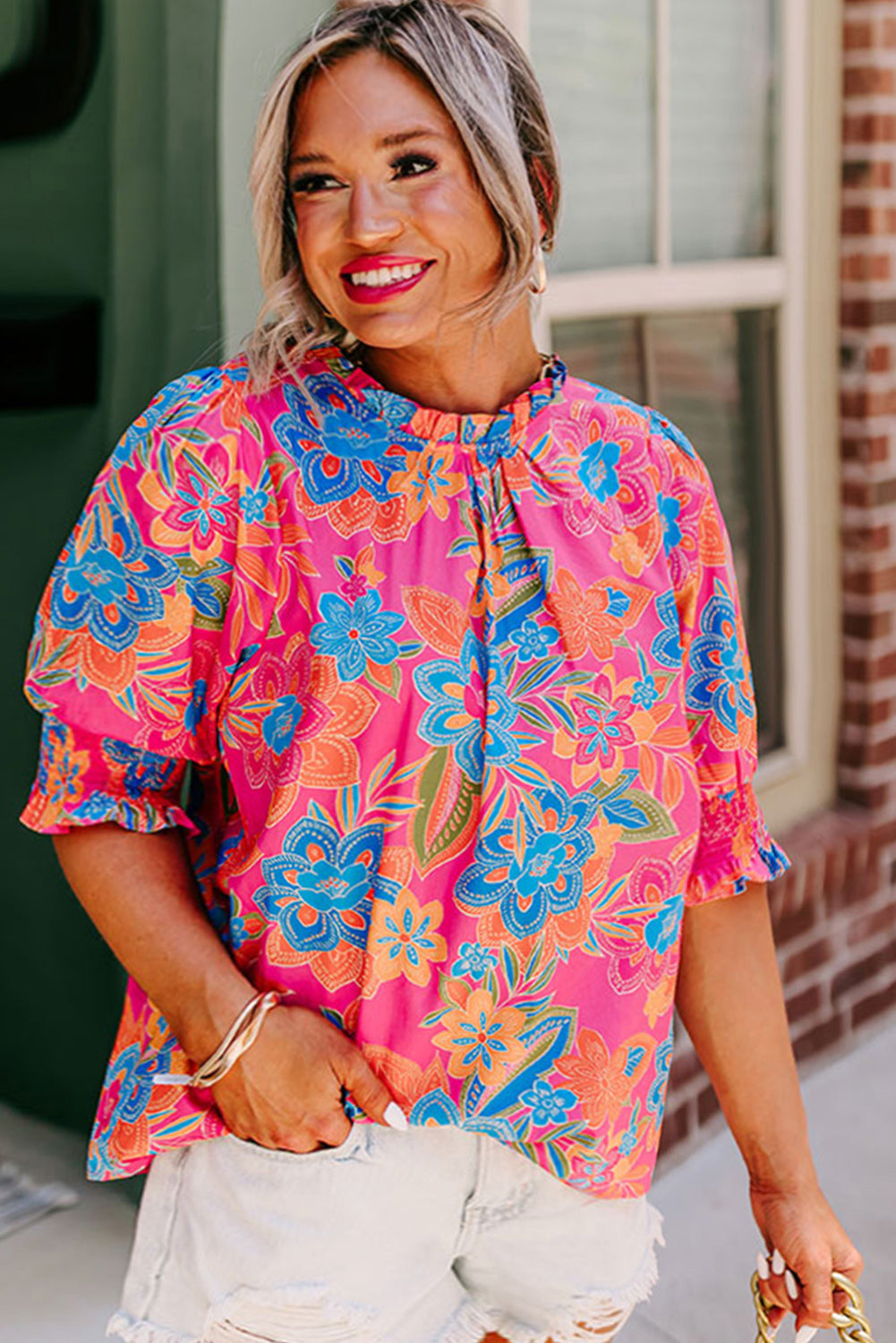Women's Blouse Featuring Floral-Print Frill-Trimmed Plus Size