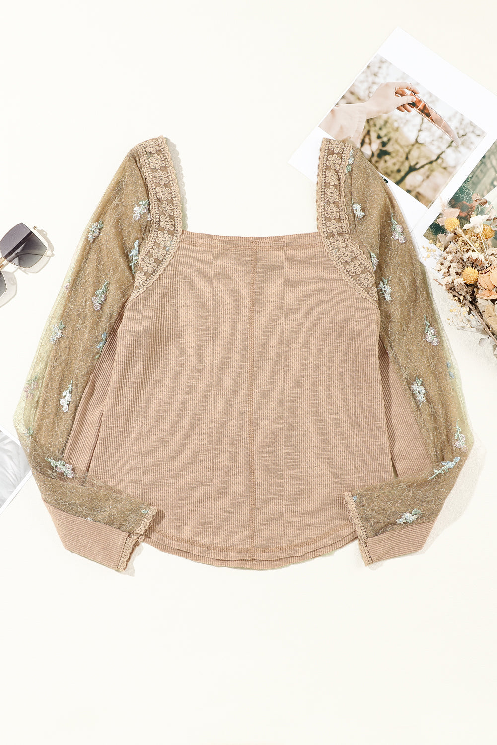 Women's Knit Top Featuring Floral-Print Gauze Rib-Knitted