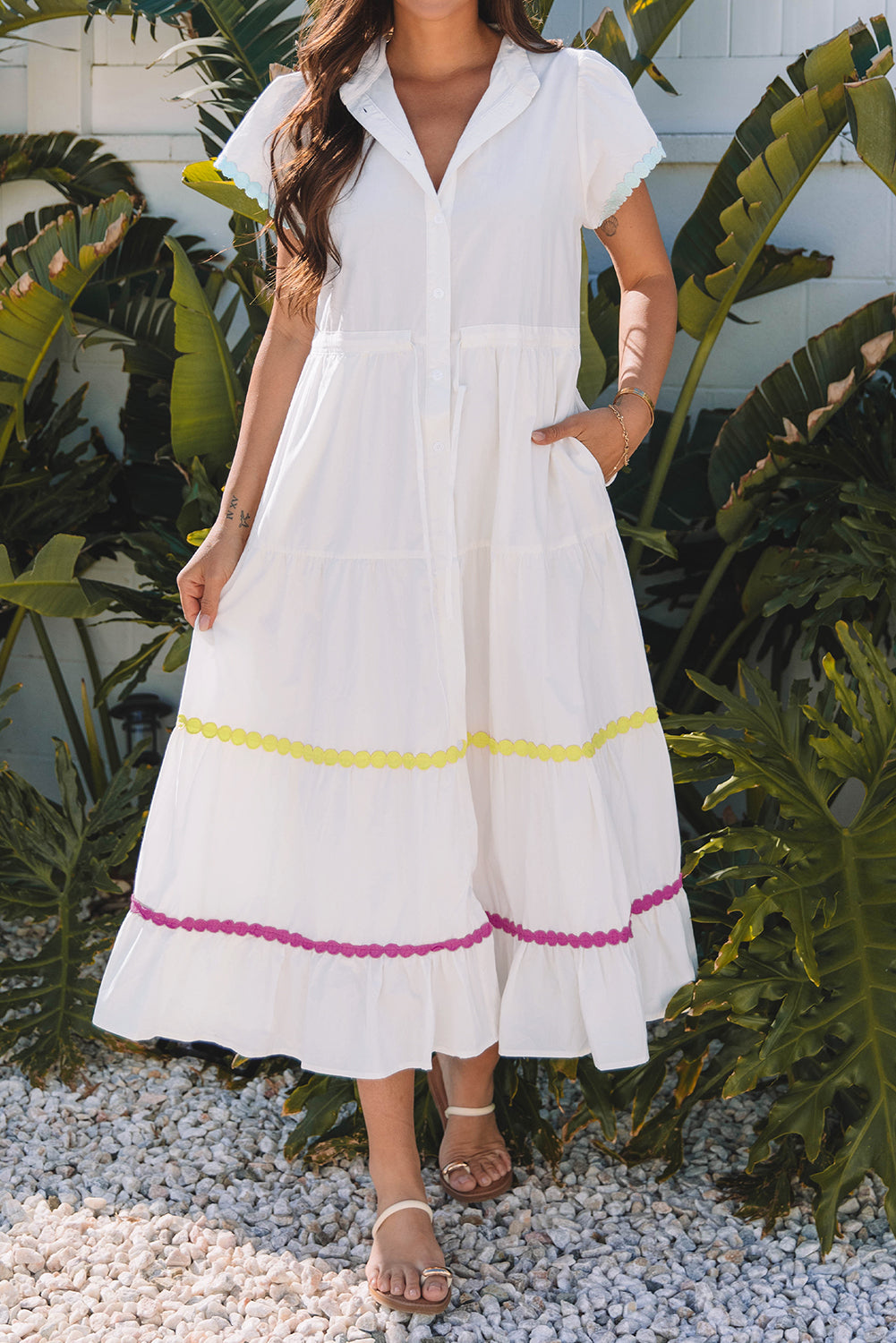 White Colorblock Rickrack Trim Long Dress