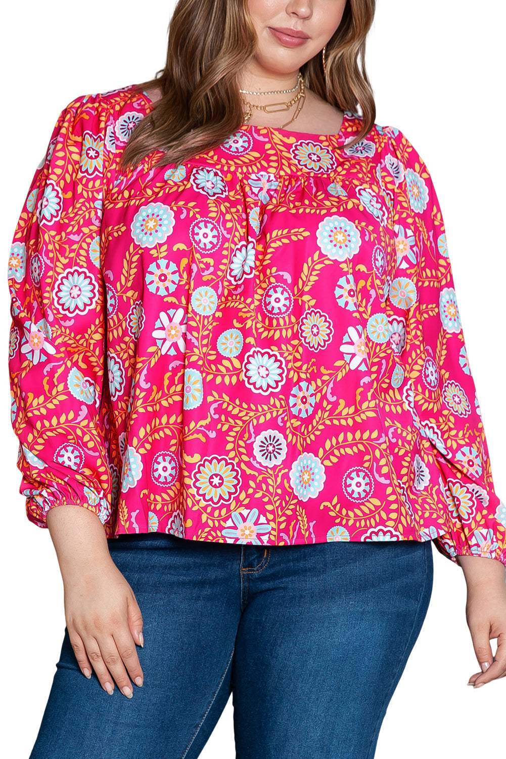 Blouse for Women Plus Size Square Neck Floral-Print