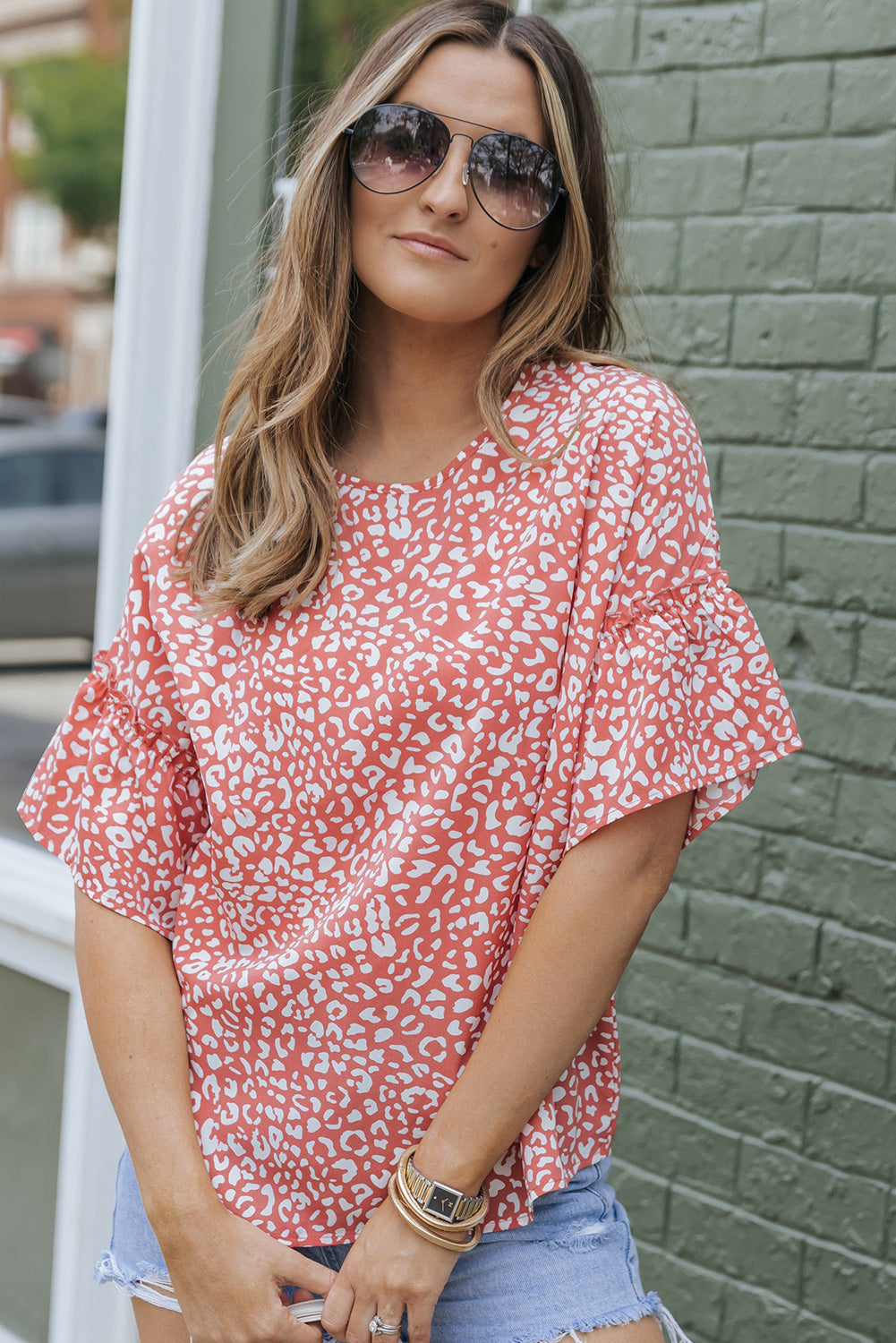 Women's T-shirt Featuring Leopard-Print Ruffle-Trimmed Sleeve