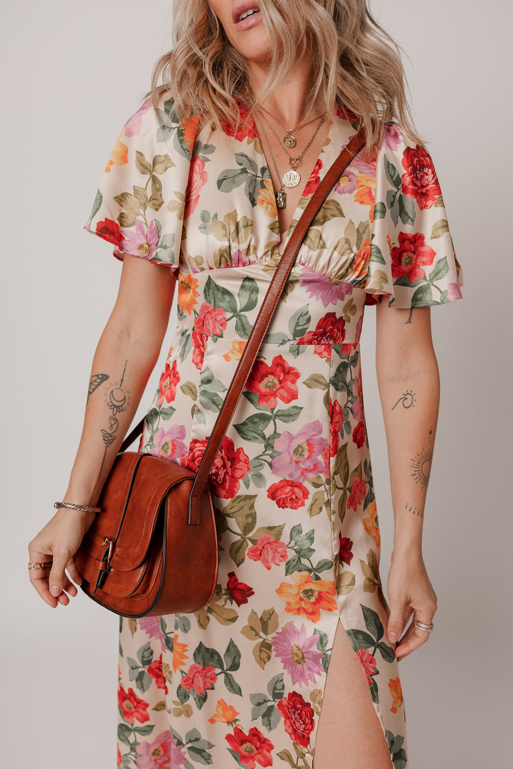 Vintage Floral V Neck Tie Back Long Slit Dress