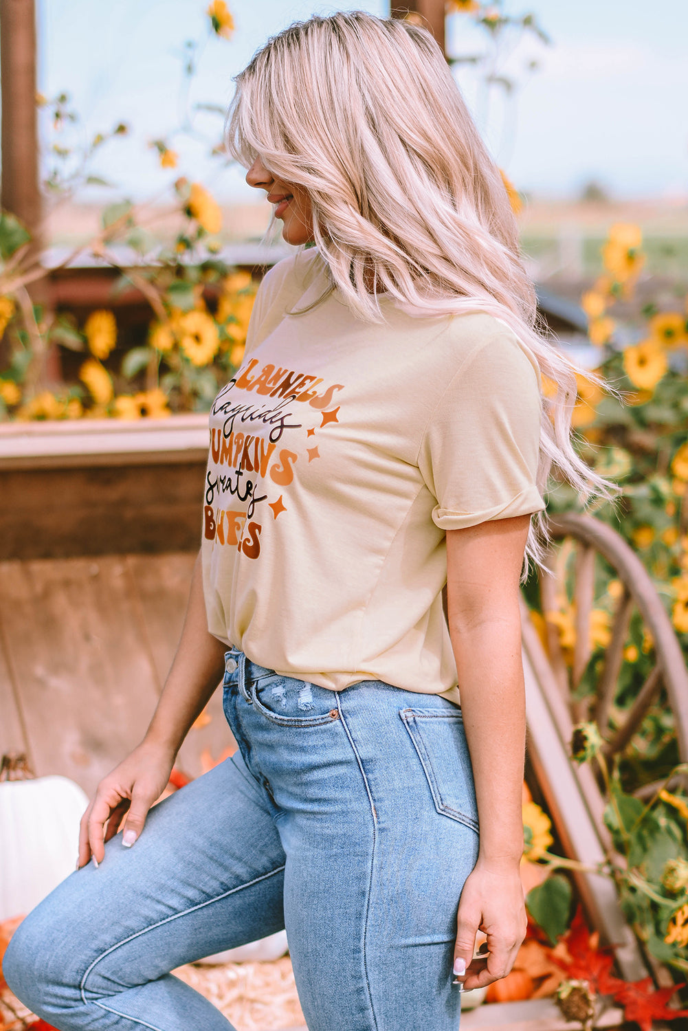 Women's Tee Featuring Bonfires Flannels Hayrides Pumpkins Sweaters