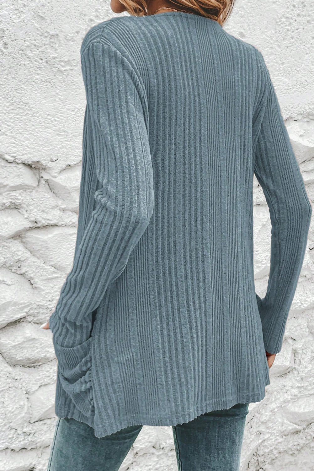Rib-Knit Top Open-Front Knit Featuring Pockets in Stone Blue