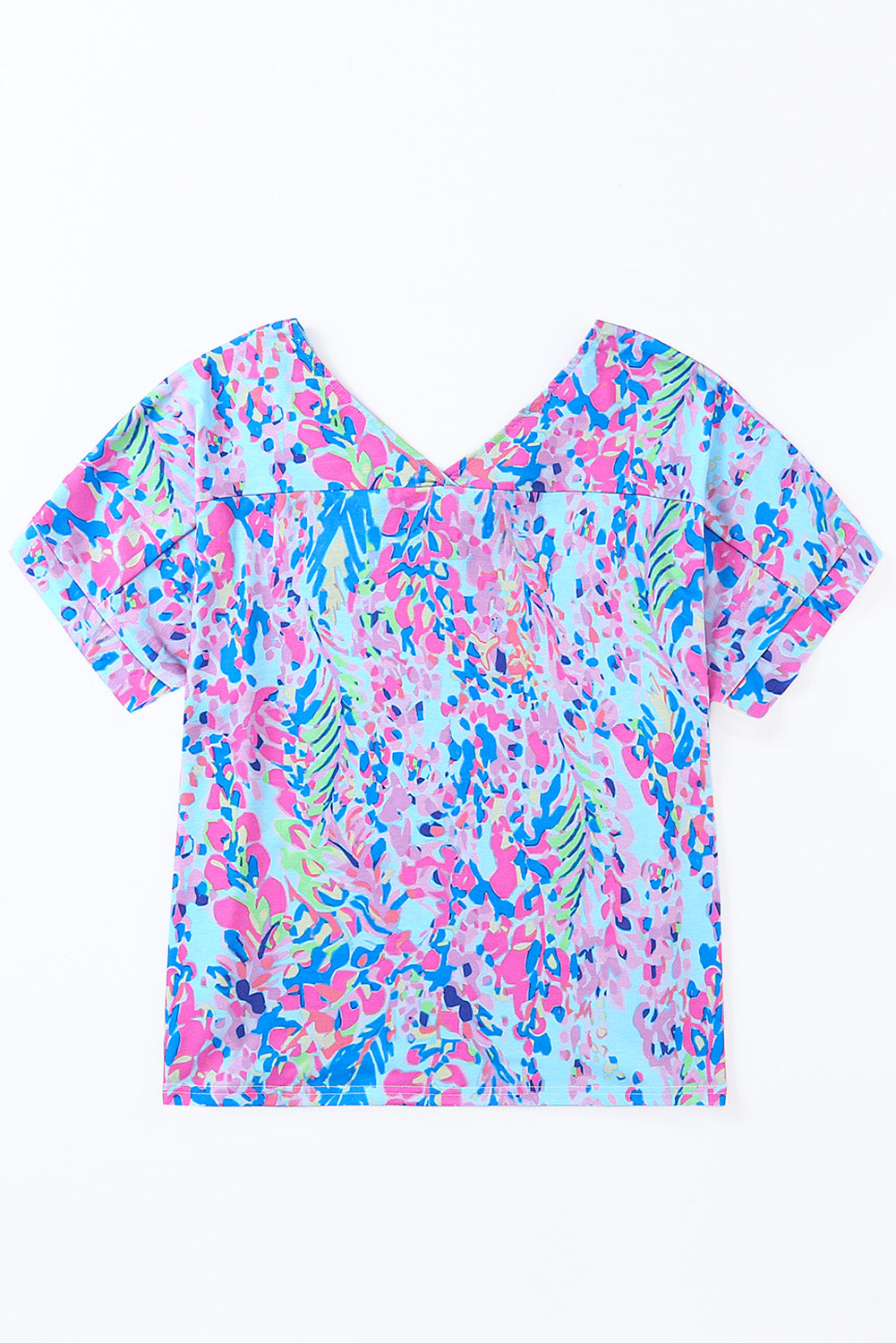Women's Sky Blue Loose Painted Floral-Print Tee
