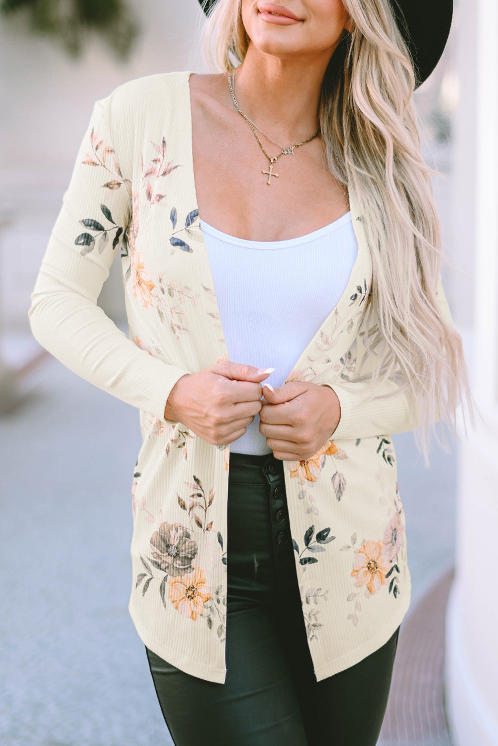 Women's Floral-Print Rib-Knitted Knitted Slim Fit Cardigan