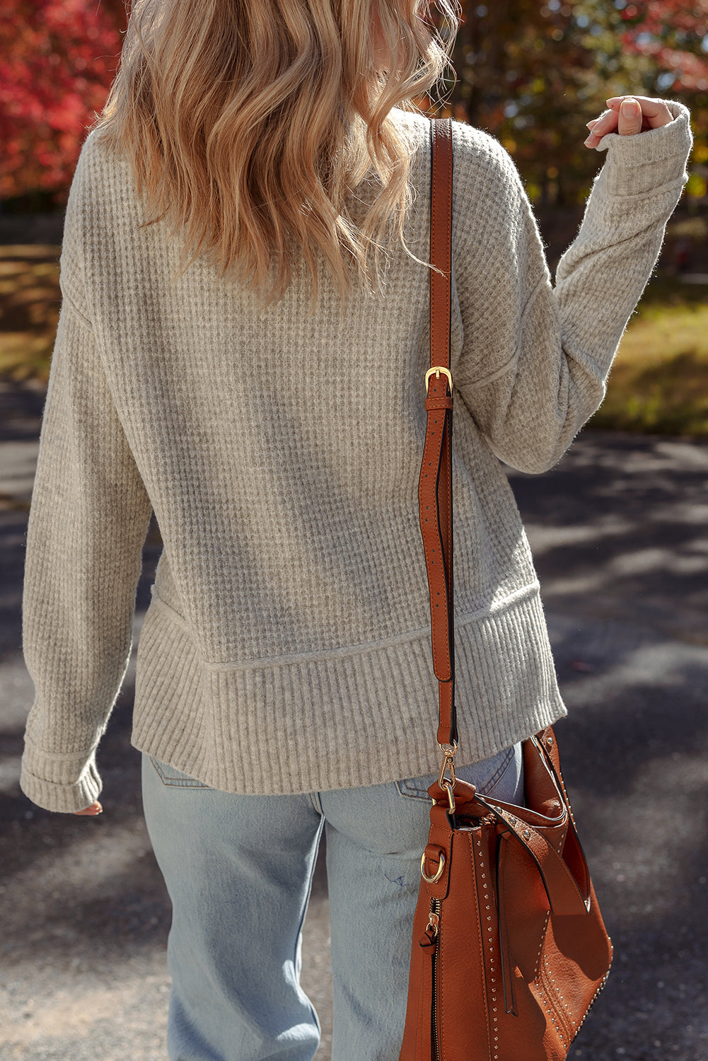 Waffle Rib-Knit Texture Knit High Neck Drop-Shoulder Knit Top