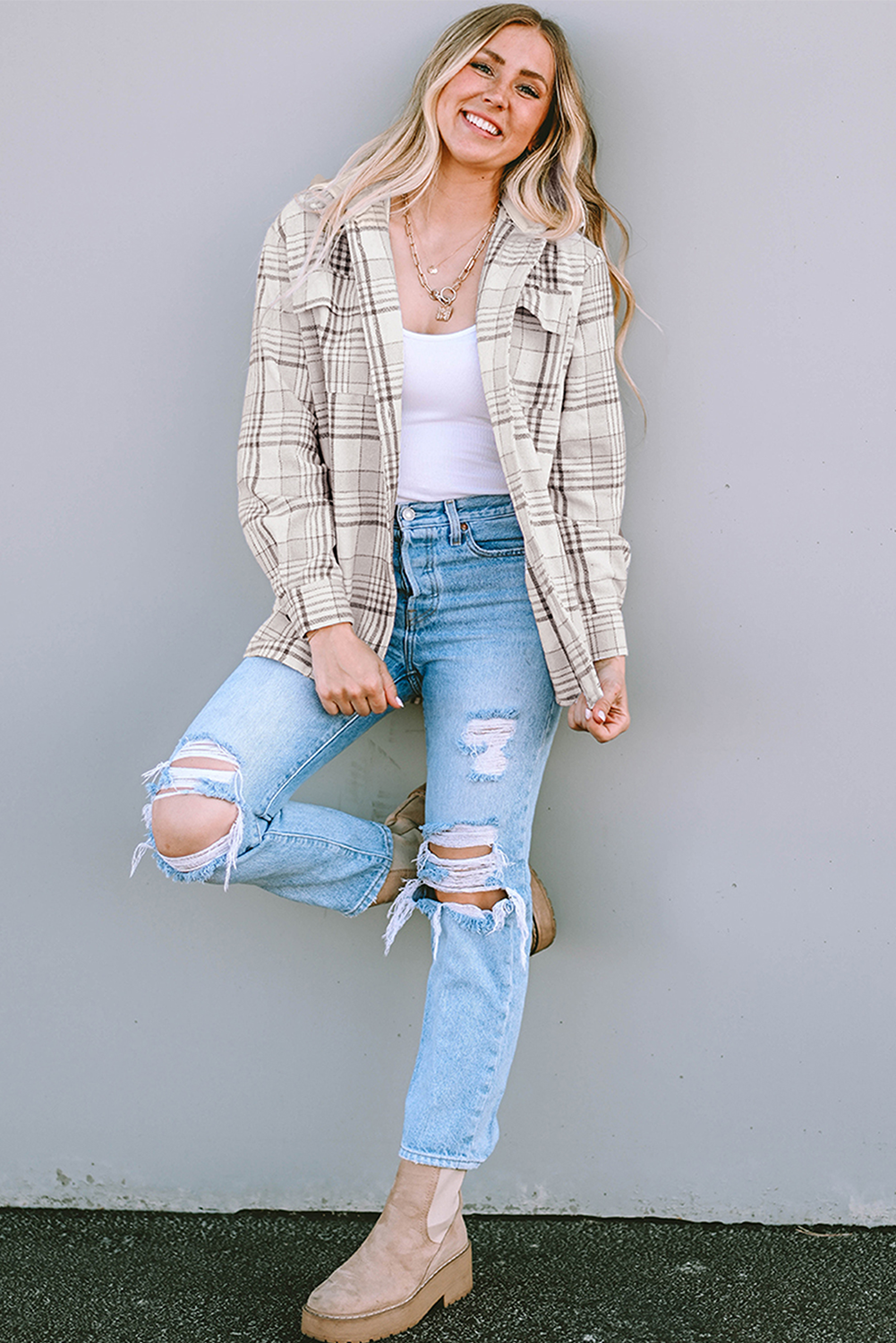 Women's Shacket Featuring Button-Front Plaid Hood