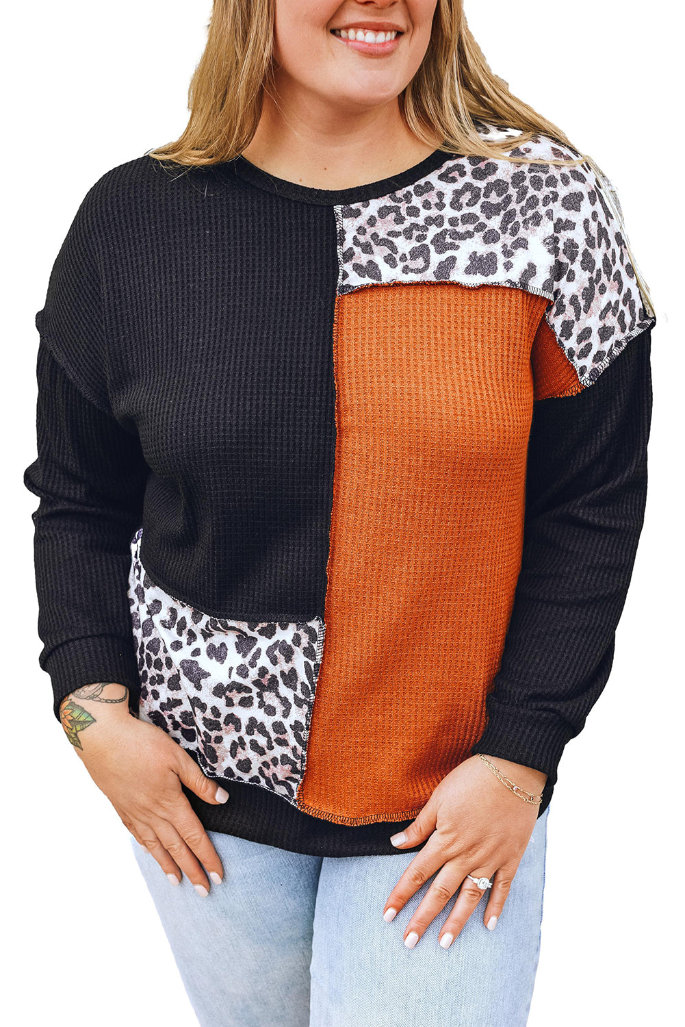 Women's Plus Size Patchwork Waffle Knitted Top