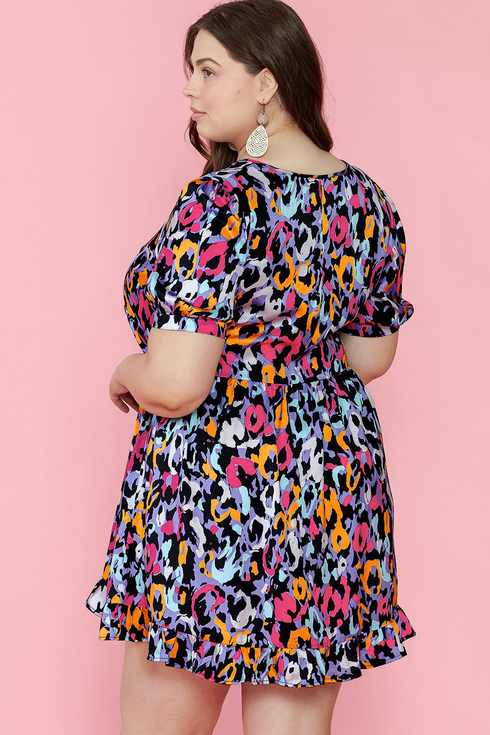 Women's Mini Dress with Plus Size Ruffle-Trimmed V Neck
