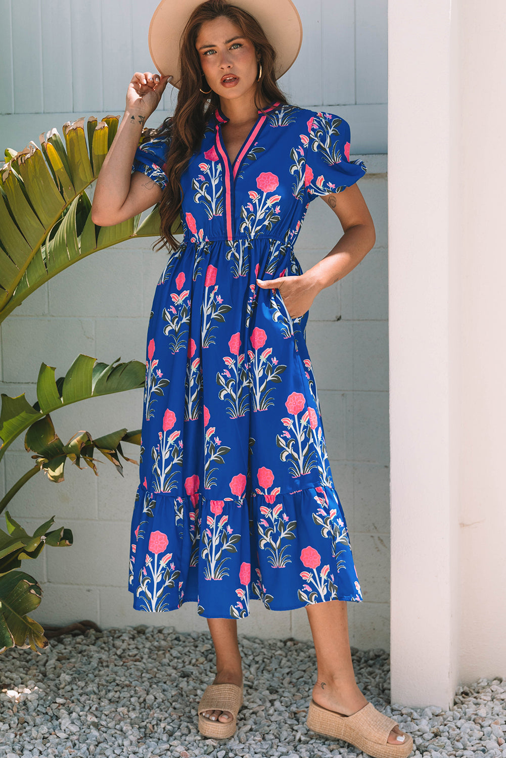 Short-Sleeved Floral Puff Maxi Dress in Blue
