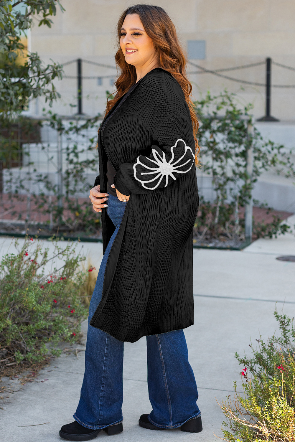 Open-Front Flower Embroidered Duster Cardigan in Black