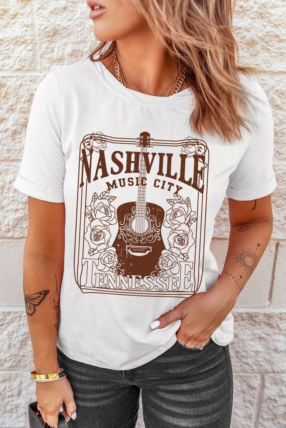 Women's NASHVILLE MUSIC CITY Graphic-Print Crew Neck Tee