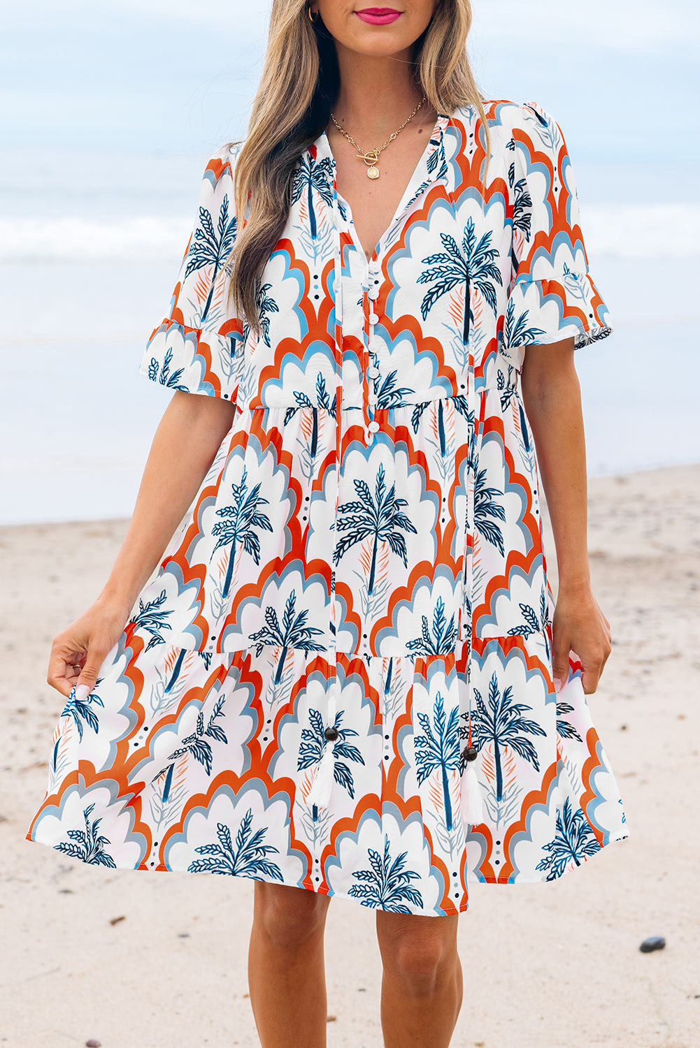 Contrast Palm Tree Printed Short Sleeve Flowy Dress