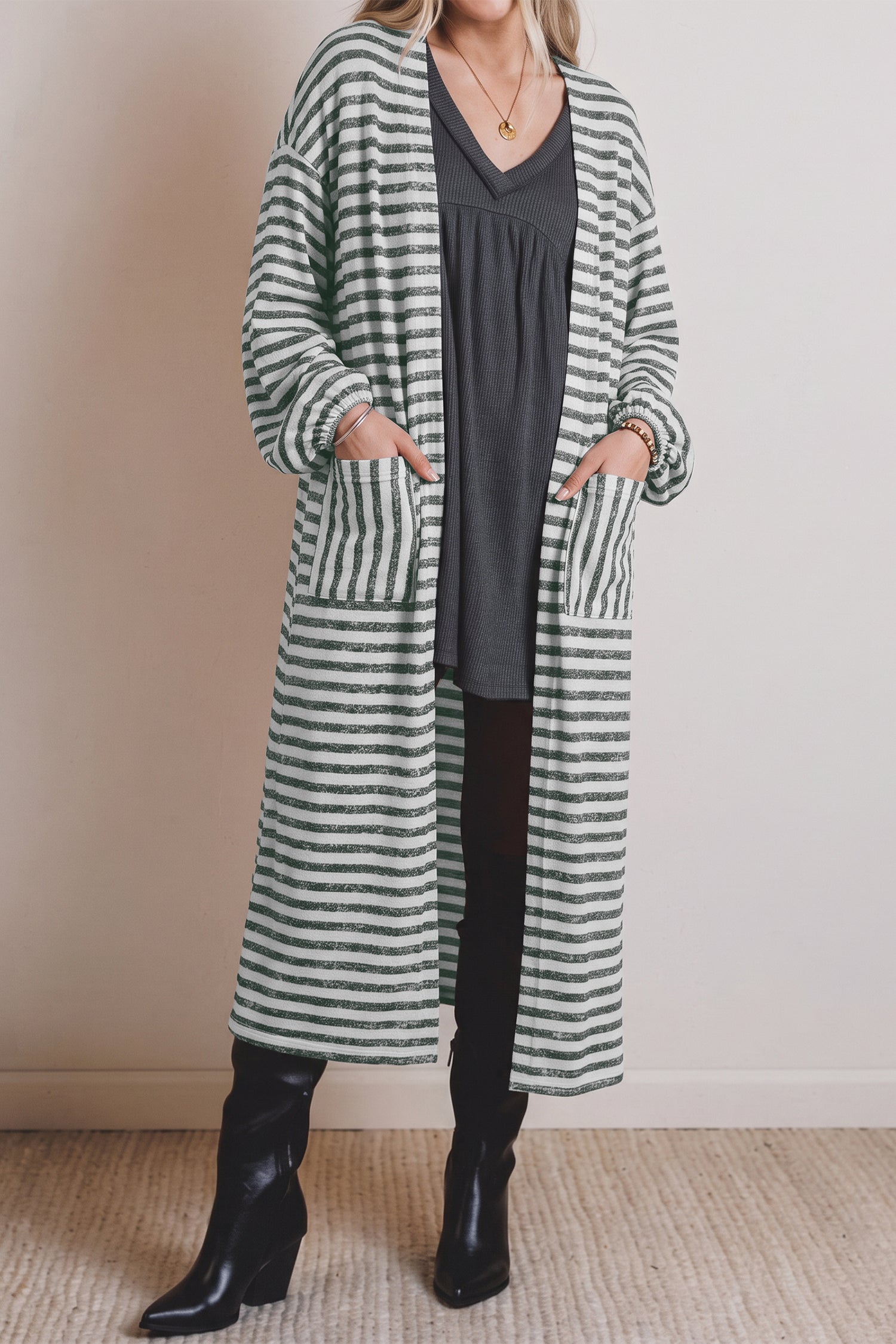Stripe Long Puff Sleeve Open-Front Roomy Long Cardigan in Khaki
