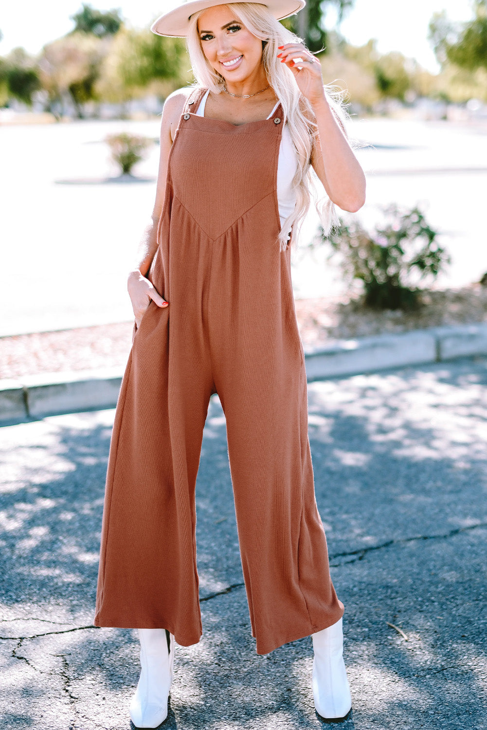 Women's Button-Front Straps Ruched Wide Leg Jumpsuit