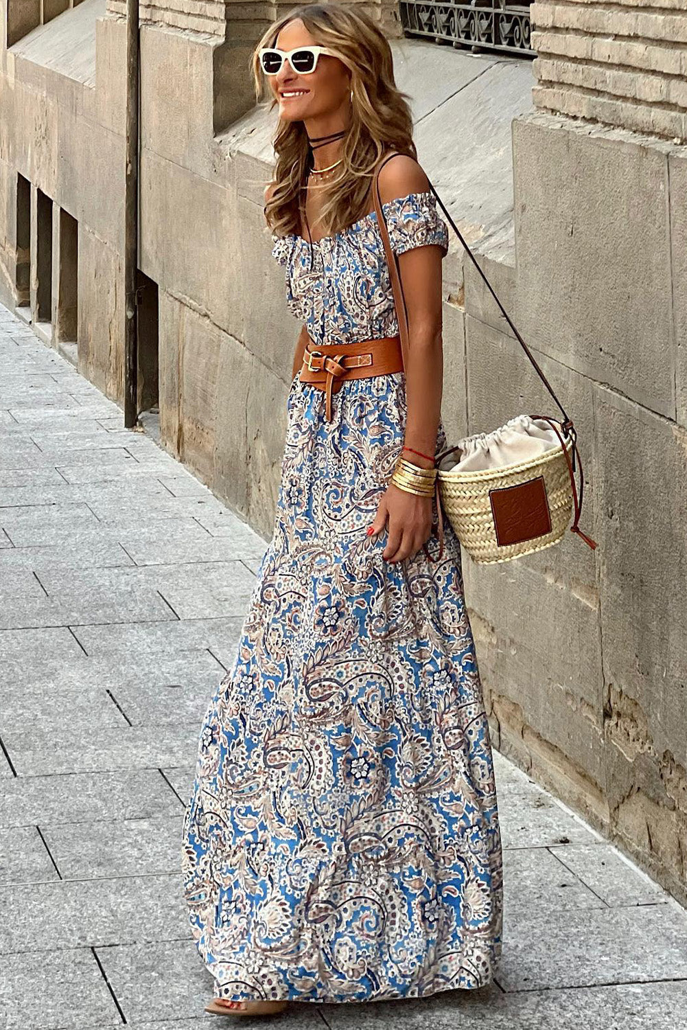 Women's Maxi Dress with Bohemian Paisley Print Off Shoulder