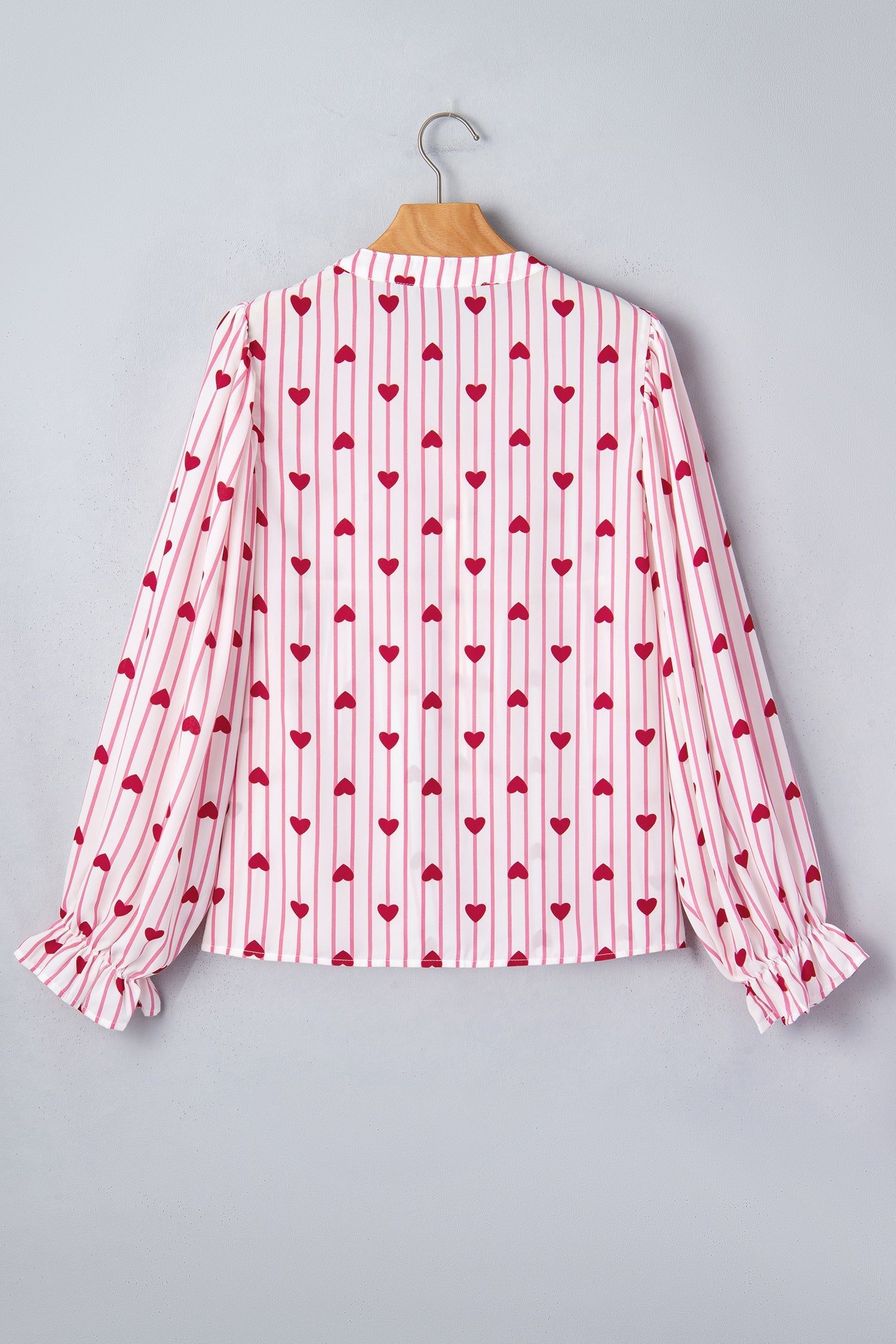 Stripe Long Heart Print Flounce Sleeve Shirt in Pink