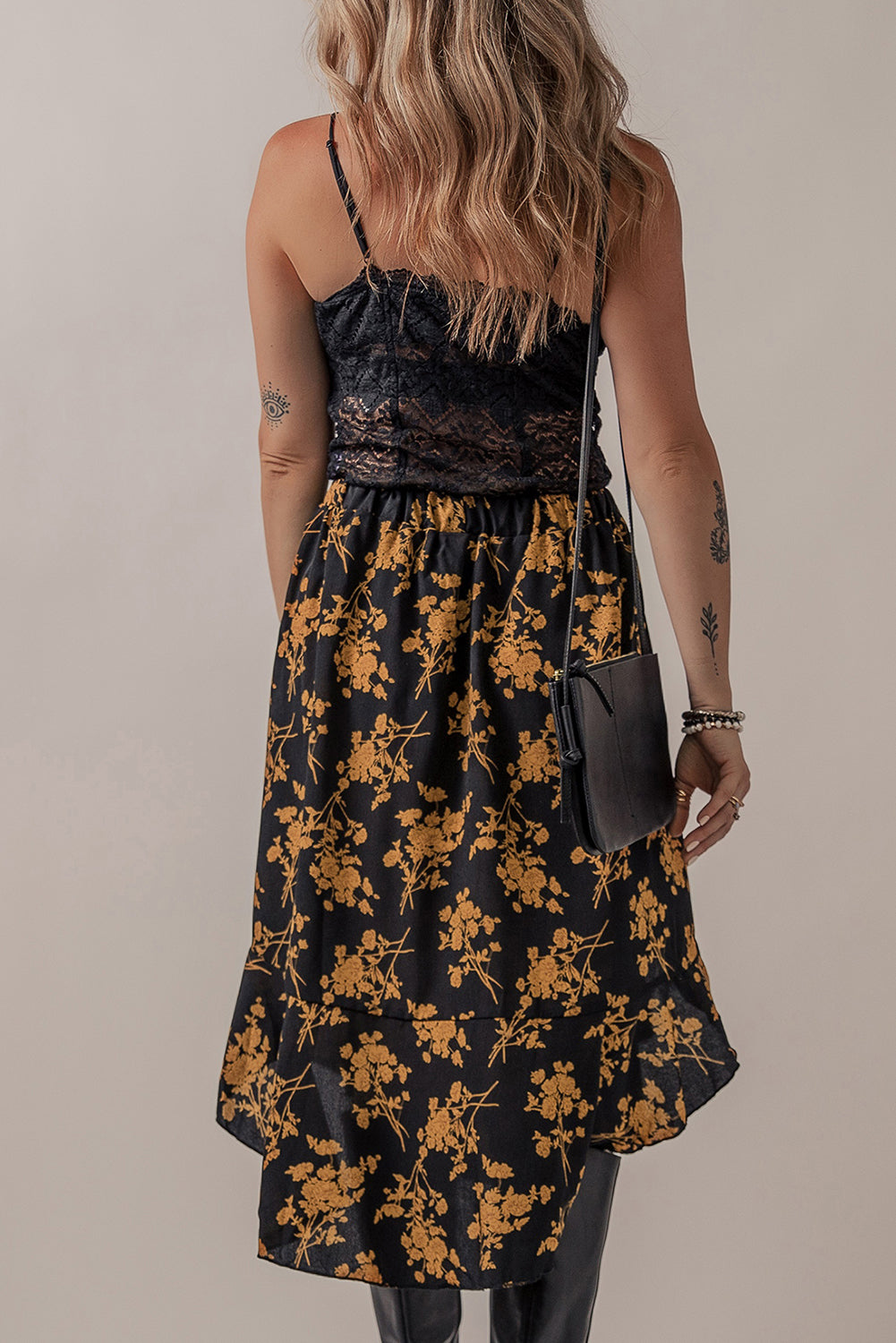 Women's Skirt Featuring Elastic Waist Floral-Print Ruffle-Trimmed