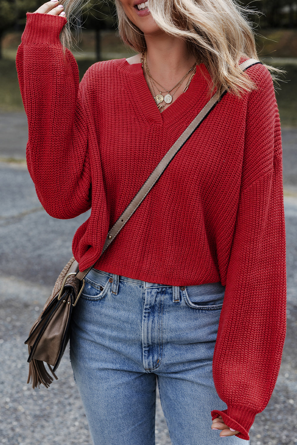 Solid Textured Knit V-Neck Drop-Shoulder Knit Top in Red