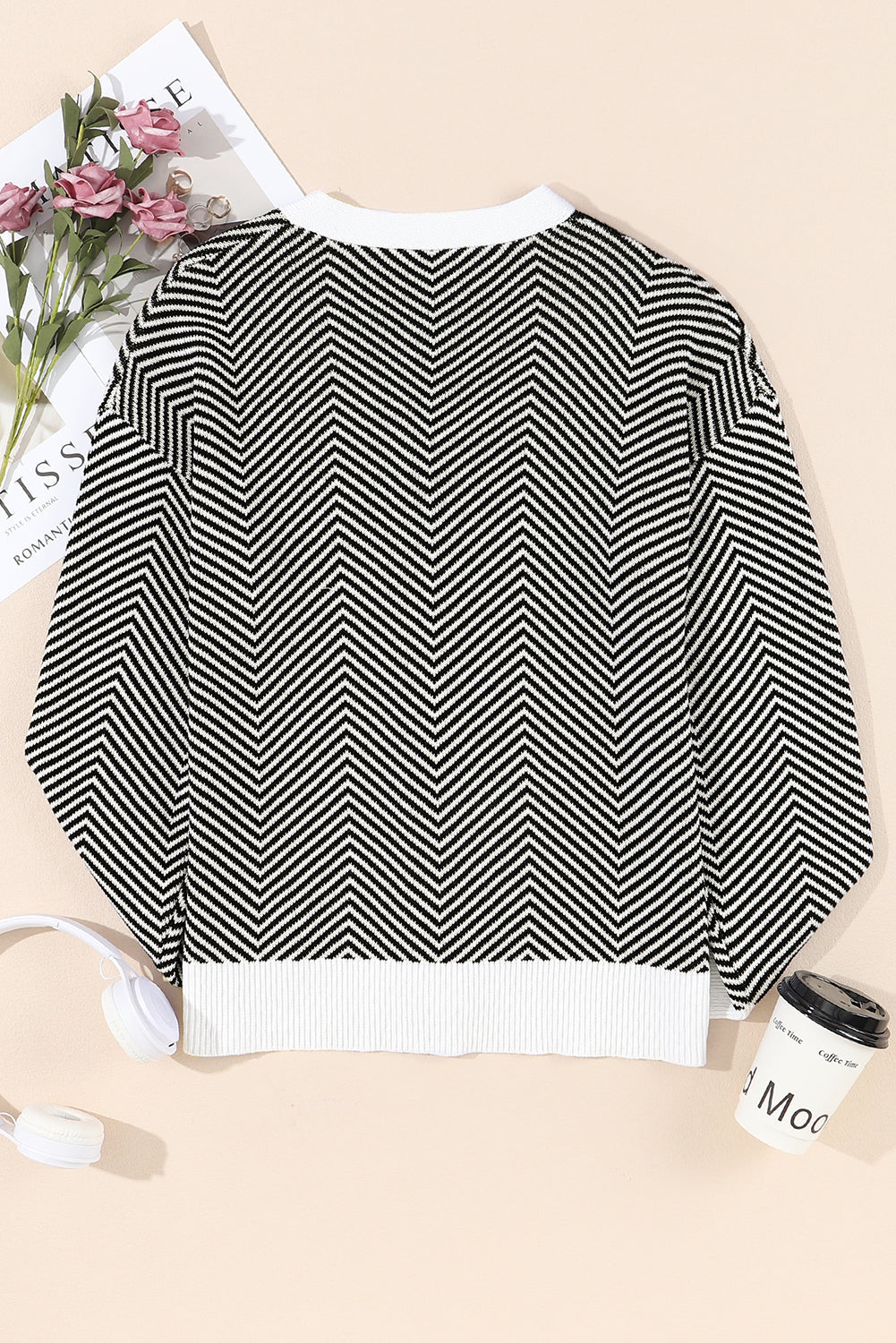 Stripe Herringbone Button-Front V-Neck Cardigan in Black