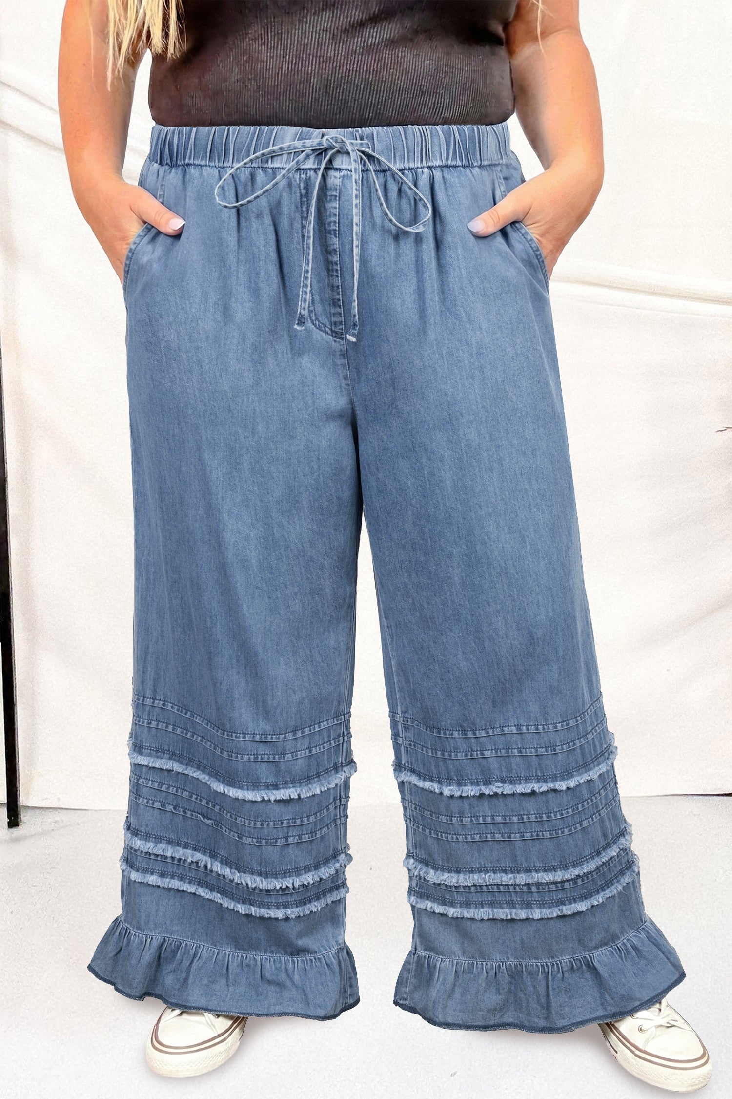Dusk Plus Blue Ruffled Size Wide-Leg Denim Pants
