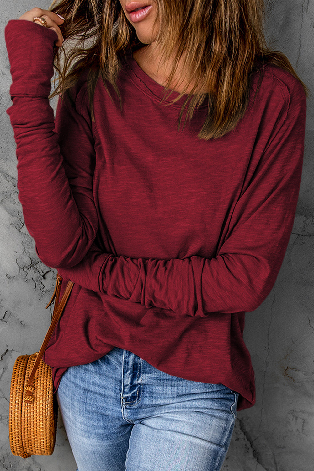 Women's Top Featuring Long-Sleeve Solid Crew Neck