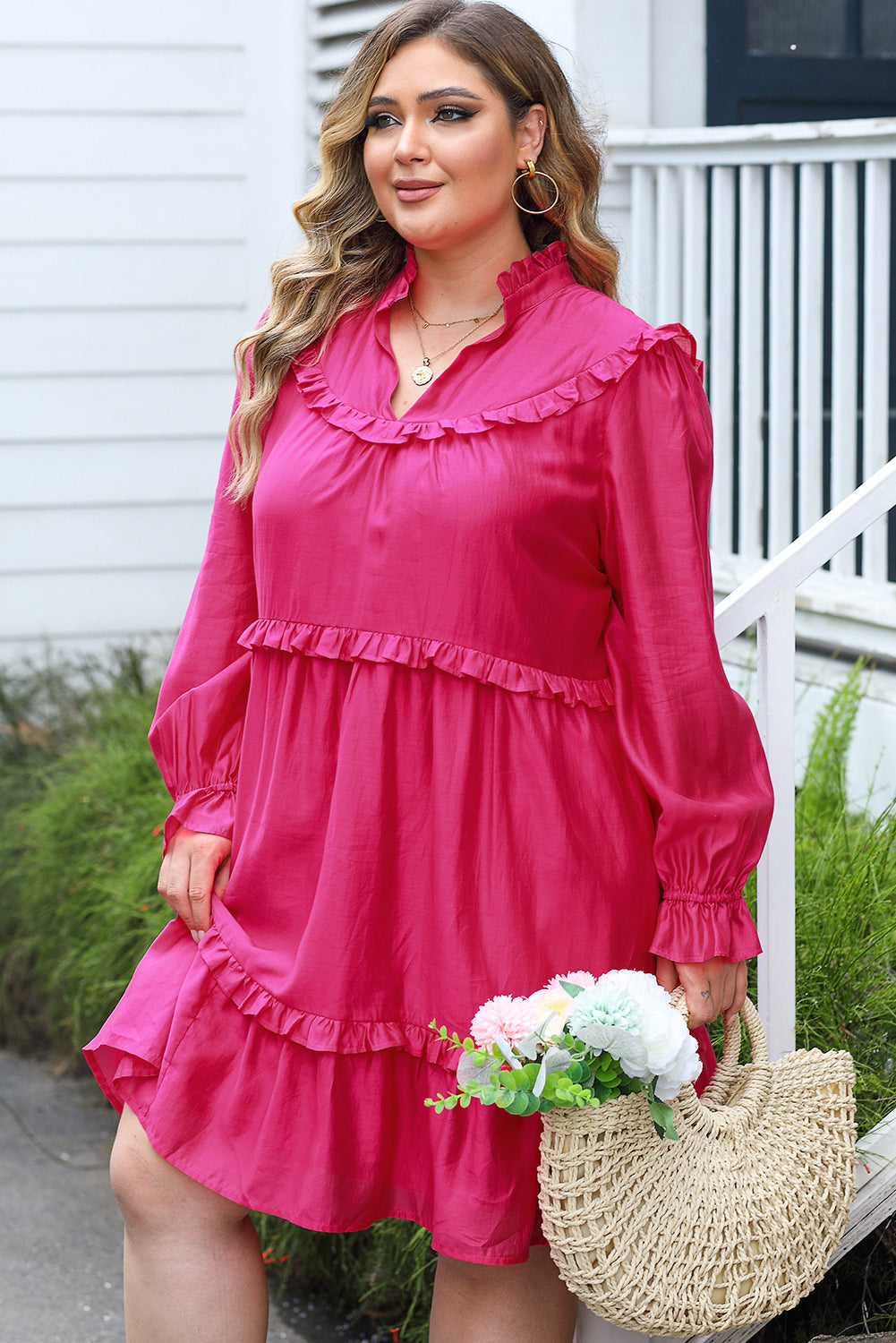 Dress for Women Plus Size Ruffle-Trimmed Bubble Sleeve
