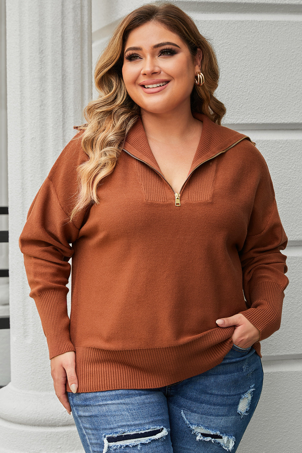 Women's Sweater Featuring Rib-Knitted Trim Plus Size Zip Collar