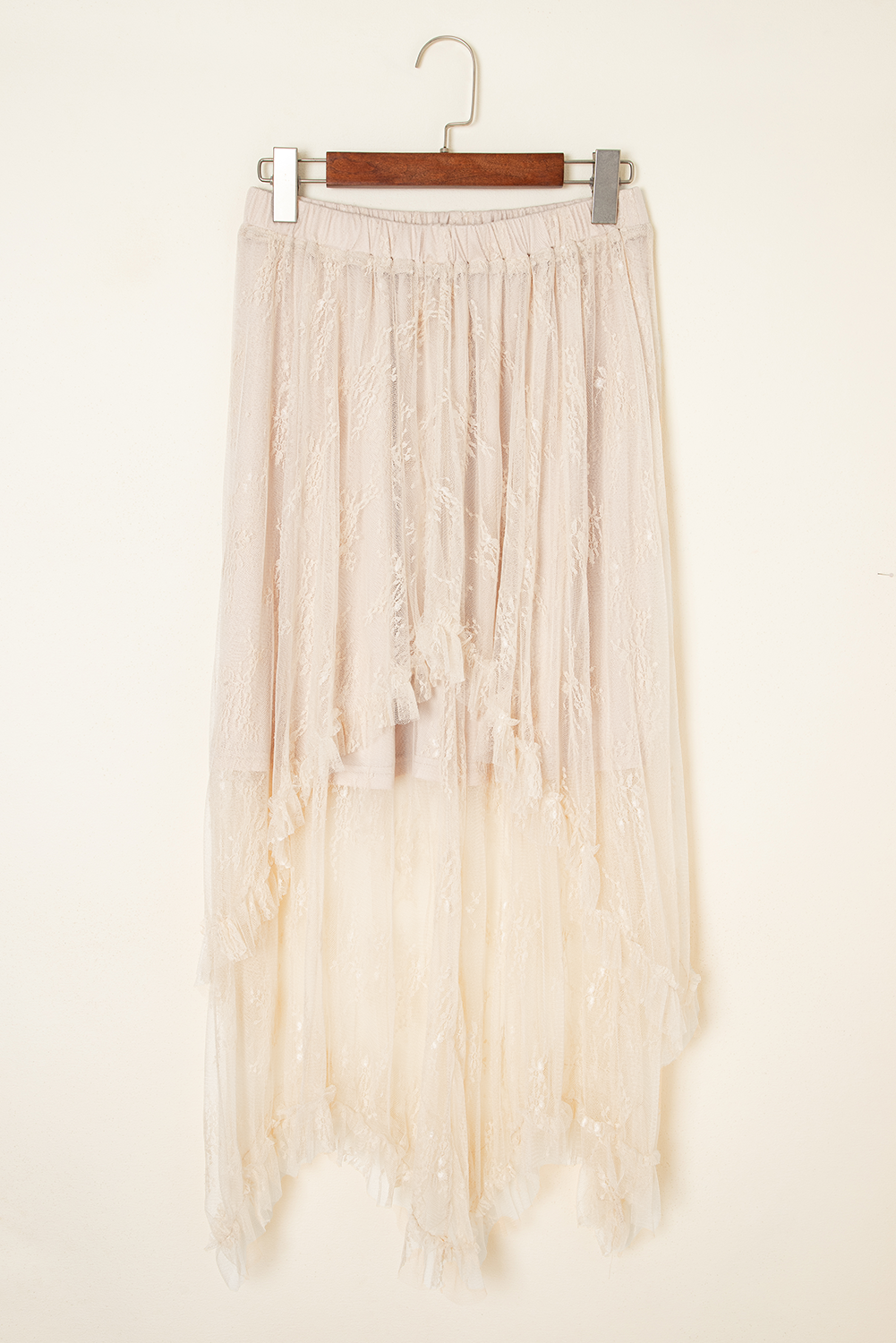 Lace High-Waisted Cascading Tiered Maxi Skirt in Apricot
