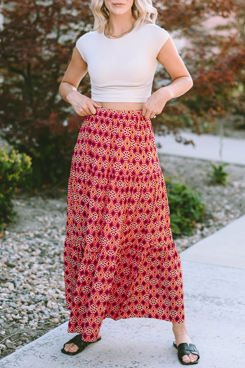 Skirt for Women Print Layered Maxi Vintage Bohemian Floral-Print