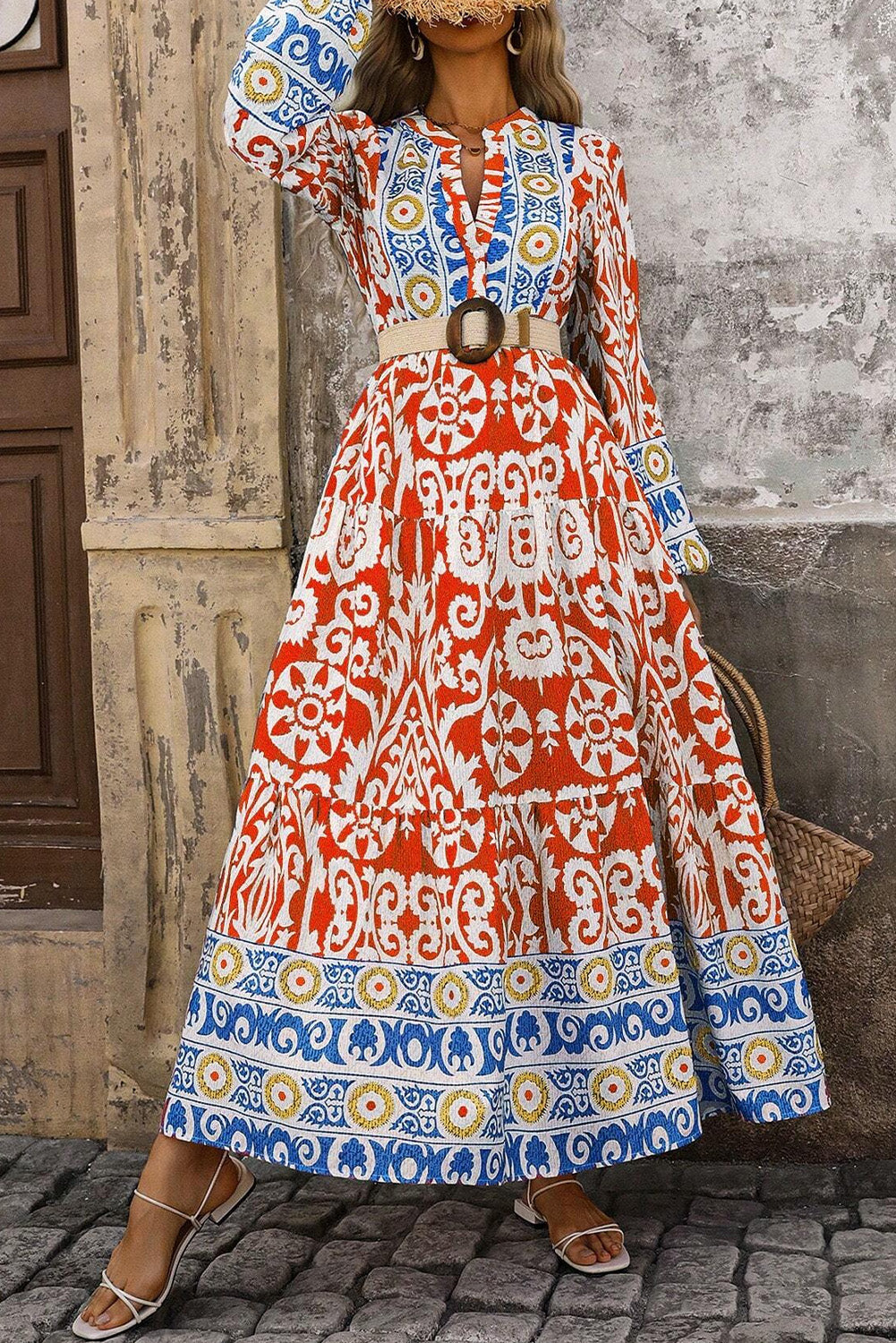 Boho Geometric Printed Long Sleeve Maxi Dress