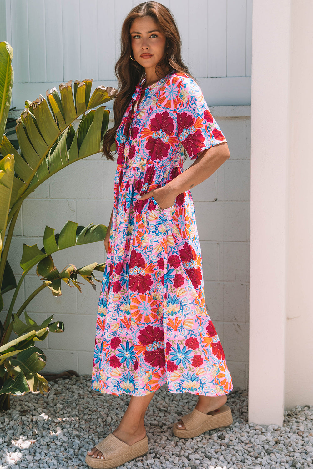 Floral Tied Front High-Waisted Short-Sleeved Loose Long Dress