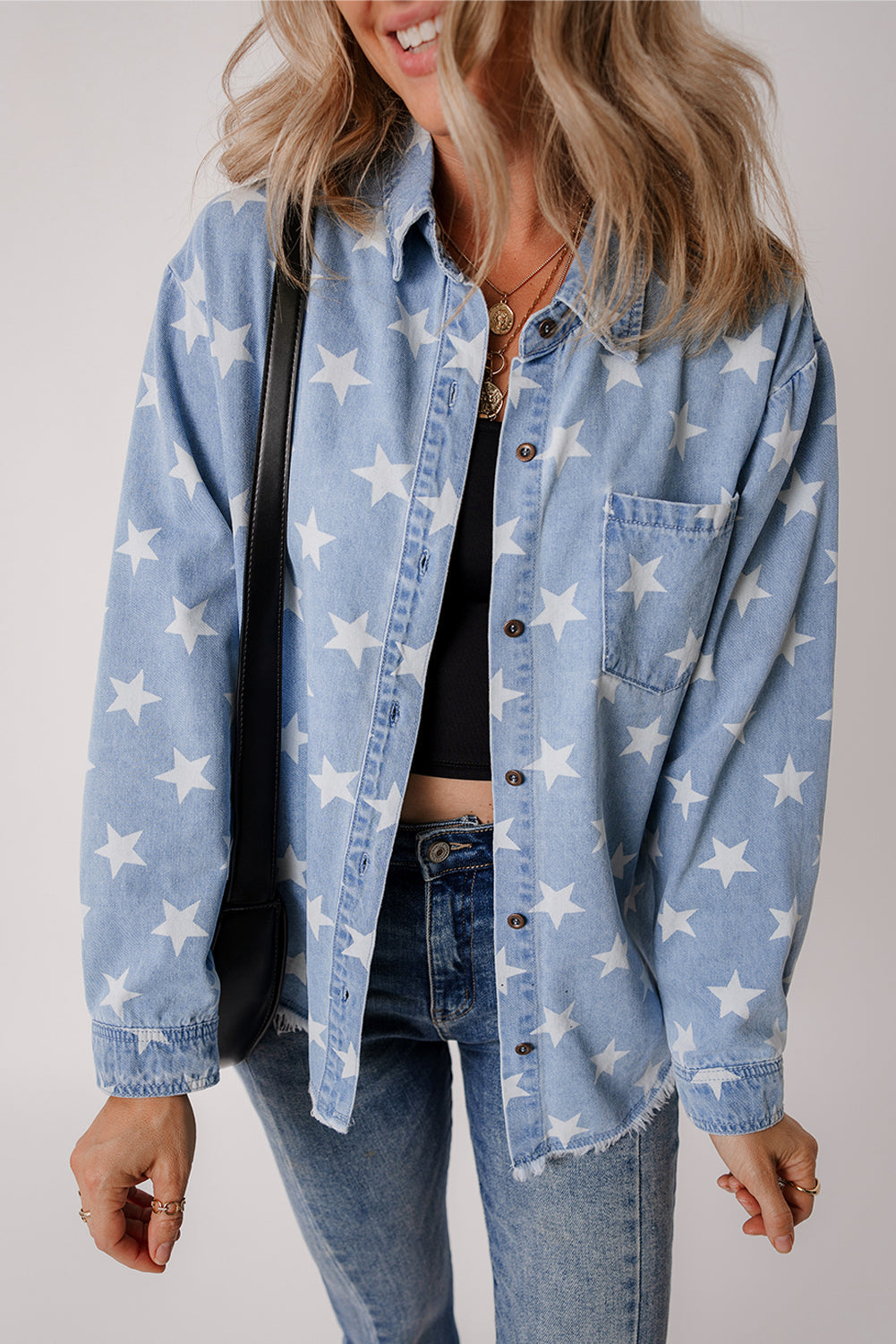 Star Pattern Light Wash Raw Hem Denim Jacket