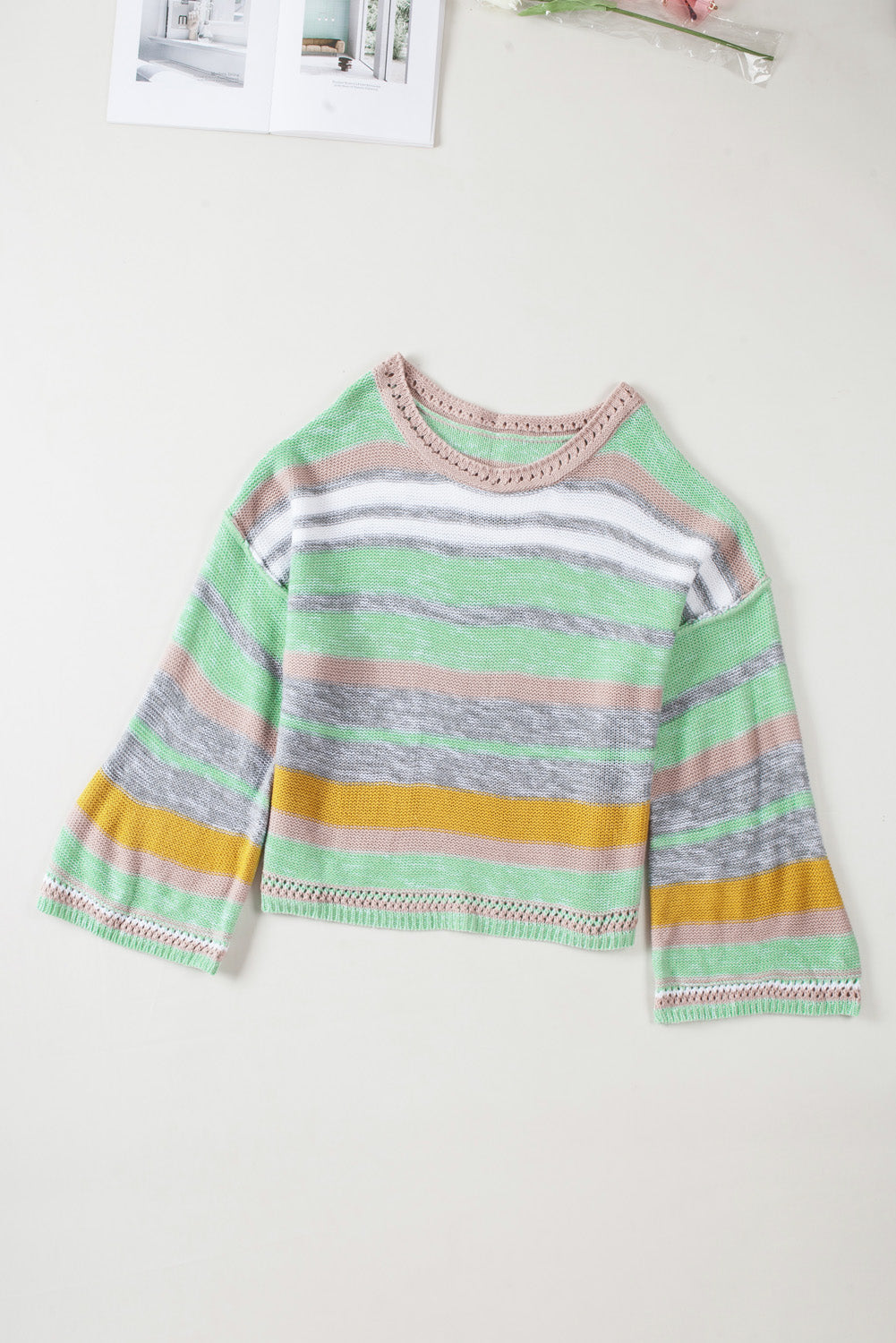 Women's Sweater Featuring Striped Bell Sleeves Loose