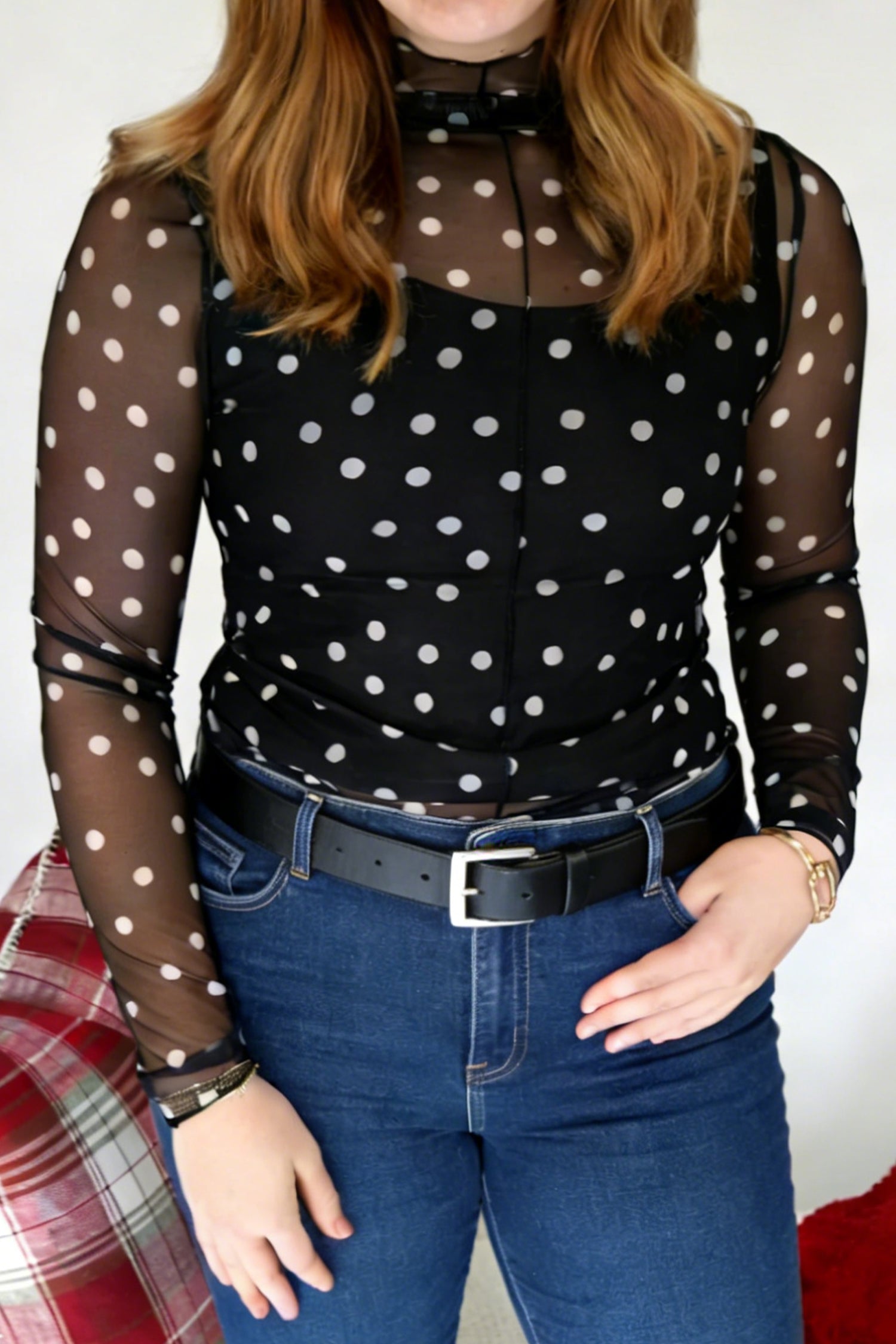 Plus Size Mock-Neck Polka-Dot Long-Sleeved Mesh Top in Black