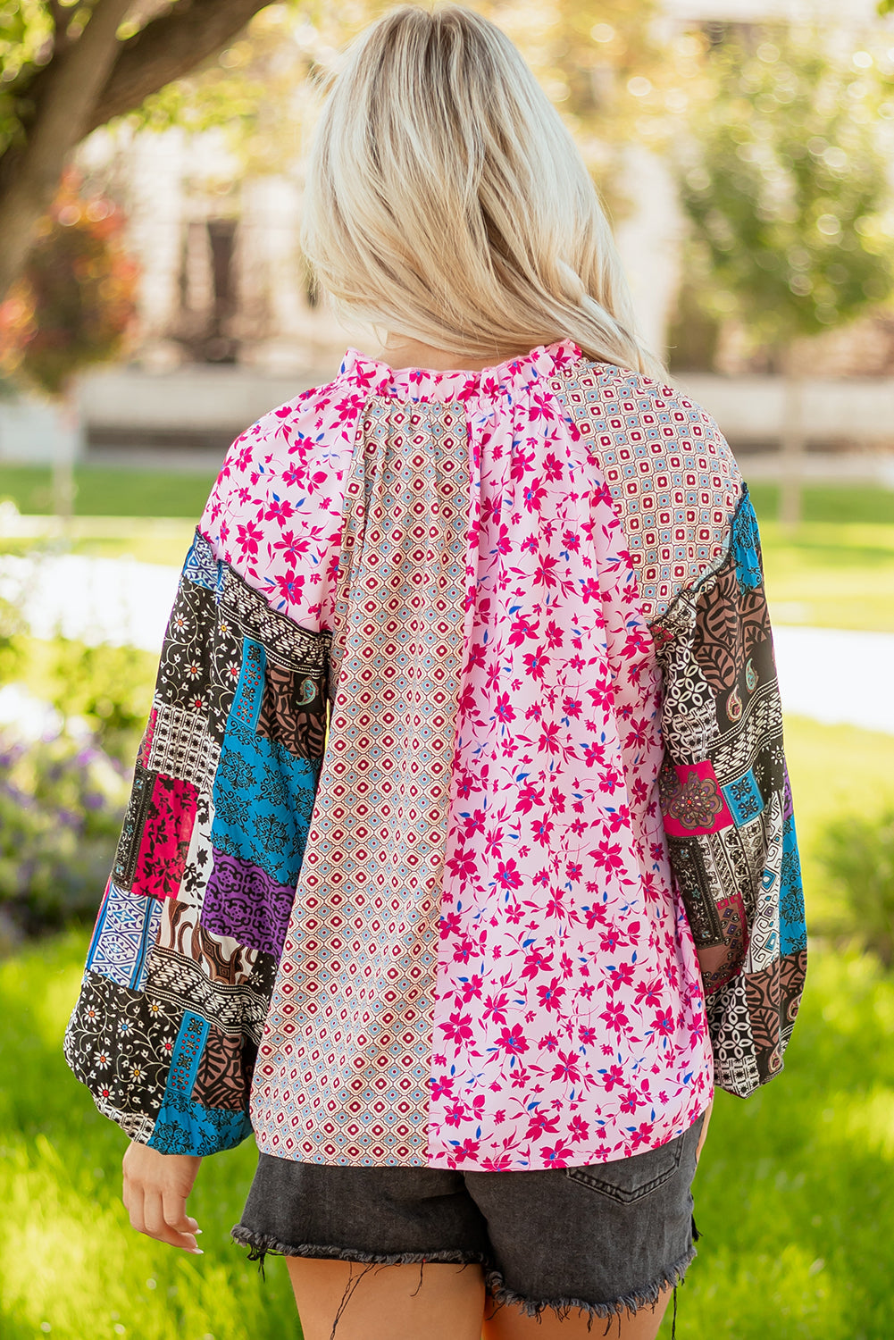 Boho Drop-Shoulder Mixed Floral Bubble Sleeve Blouse