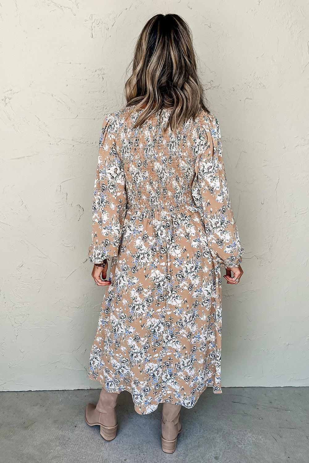 Floral Maple Grove Smocked Puff Sleeve Long Dress