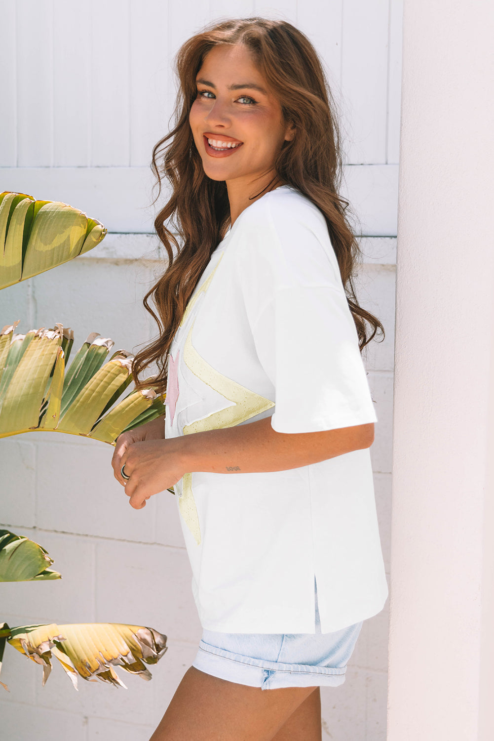 Star Layered Patched Graphic Drop-Shoulder Half Sleeve Loose Tee