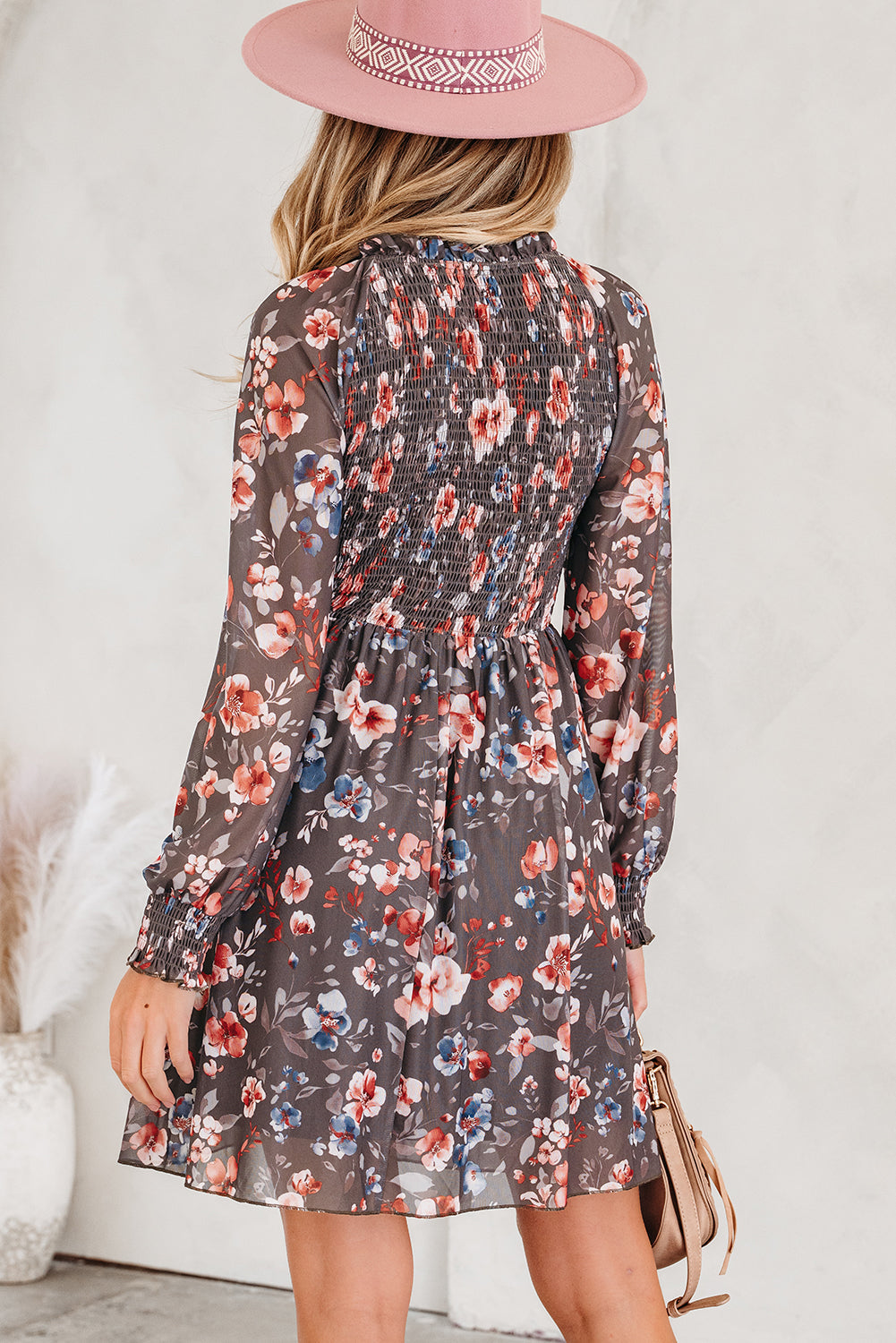 Smocked Bodice Frilly Bodice Floral Mesh Long-Sleeved Mini Dress