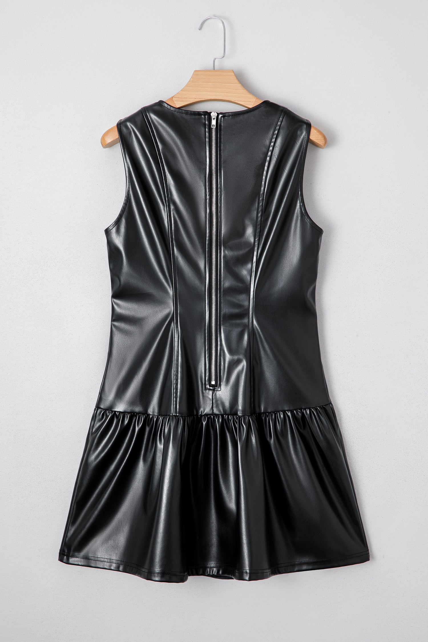 Faux Hem Leather Ruffle Sleeveless Mini Dress