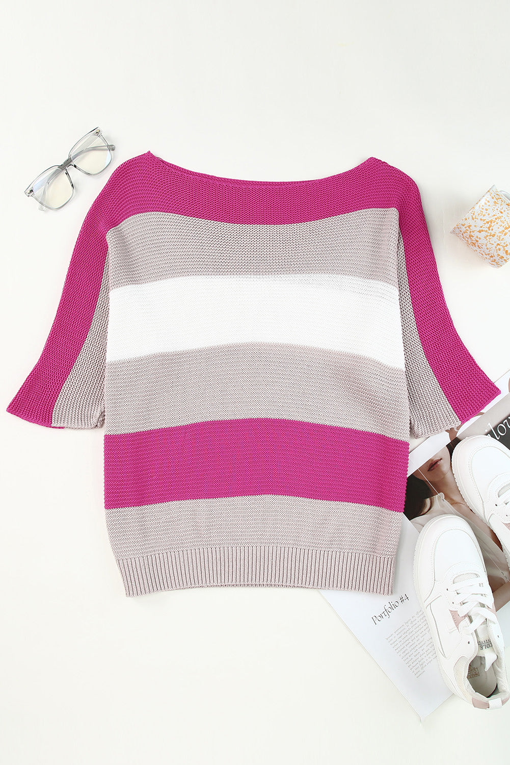 Women's Sweater Featuring Half Sleeve Stripe Knitted