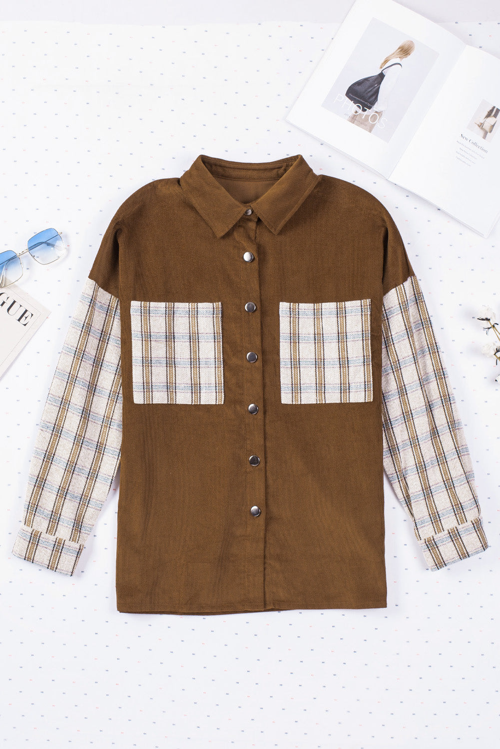 Women's Shirt Jacket Featuring Cord Plaid Patchwork